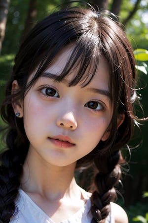 (((deep in the woods))),(looking at the audience),(close to the camera, close to the audience),face close-up,
人物：(a little girl:1.3),(Korean Idol Lim Yoona),
身體：childish breasts,(childish body),
優化：(((16K texture structure))),Exquisite oval face,Delicate and smooth skin,
頭髮：(bangs),((braid)),