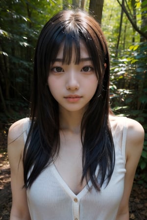 (((deep in the woods))),((looks at viewer)),(((Only the face enters the camera))), (focus on chest),
人物：a korean girl,Pure and lovely korean girl,(low-cut),
優化：(((Realistic and delicate high-resolution structure: 1.4, Realistic and delicate high-quality structure: 1.4))),(well-proportioned and beautifully proportioned body structure),
頭髮：(((long hair))),(bangs),