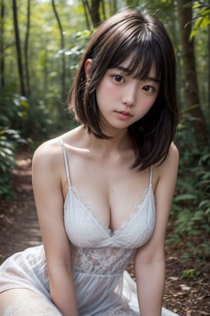 (((deep in the woods))),((looks at viewer)),(((Only the face enters the camera))), (Focus on the face),
人物：a korean girl,Pure and lovely korean girl,small breasts,
優化：(((Realistic and delicate high-resolution structure: 1.4, Realistic and delicate high-quality structure: 1.4))),Photo taken with Canon EOS 5D Mark4 and SIGMA Art Lens 35mm F1.4 DG HSM, F1.4, ISO 200 Shutter Speed 2000,(Masterpiece, high quality, meticulous and delicate),
頭髮：(bangs),((medium length hair)),
服飾：(((Spaghetti strap sleeveless low-cut sheer dress with lace pattern))),