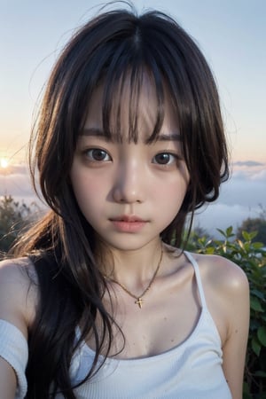 主：(((Fog forest with golden sunset))),(looking at the audience),(((Only the face enters the camera))), (Focus on the face),
人：masterpiece, 8k, ((from front)), portrait, upper body, cute, detailed face, beautiful detailed eyes, girl, loli, happy, mad, red lips, bangs, very long hair, strong eyebrows, bare shoulders, (blush), (embarrassed),
優：Highly resolved, optimized images,(((masterpiece, highest quality, extreme detailed, best quality, 