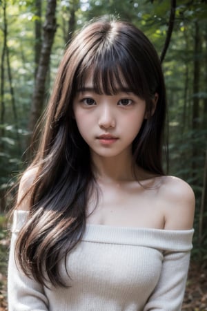 (((Deep in the woods))),
masterpiece, 8k, ((from front)), portrait, upper body, cute, detailed face, beautiful detailed eyes, girl, loli, happy, mad, red lips, bangs, very long hair, strong eyebrows, bare shoulders, (red off-shoulder shirt), (blush), (embarrassed)