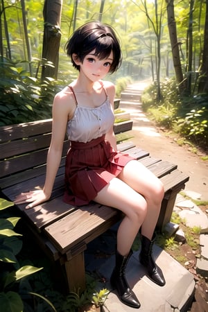 (((deep in the woods))),((looks at viewer)),(sexy sitting),(focus on the face),(((full body into the camera))),
人物：a korean girl,Pure and lovely korean girl,
優化：(((Realistic and delicate high-resolution structure: 1.4, Realistic and delicate high-quality structure: 1.4))),(Well-proportioned and perfect body proportion structure),(((image structure of real human texture))),
特質：low cut,(perfectly proportioned body proportions),
頭髮：(((Super short handsome short hair for girls: 1.5))),(bangs),
Sleeveless spaghetti strap vest, red mini pleated skirt,black boots,