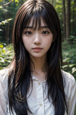 (((deep in the woods))),((looks at viewer)),(((Only the face enters the camera))), (Focus on the face),
人物：a korean girl,Pure and lovely korean girl,(low-cut),
優化：(((Realistic and delicate high-resolution structure: 1.4, Realistic and delicate high-quality structure: 1.4))),(well-proportioned and beautifully proportioned body structure),
頭髮：(((long hair))),(bangs),