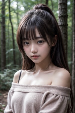 (((Deep in the woods))),
masterpiece, 8k, ((from front)), portrait, upper body, cute, detailed face, beautiful detailed eyes, girl, loli, happy, mad, red lips, bangs, very long hair, strong eyebrows, bare shoulders, (red off-shoulder shirt), (blush), (embarrassed)