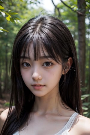 (((deep in the woods))),((looks at viewer)),(((Only the face enters the camera))), (Focus on the face),
人物：a korean girl,Pure and lovely korean girl,
優化：(((Realistic and delicate high-resolution structure: 1.4, Realistic and delicate high-quality structure: 1.4))),(well-proportioned and beautifully proportioned body structure),
頭髮：(((long hair))),(bangs),