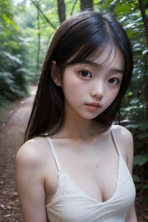 (((deep in the woods))),(looking at the audience),(focus on face),
人：(((a korean little girl:1.3))),(Korean actress Lim Yoona),Pure and restrained little girl,(((little girl of elementary school age))),(low cut),((childish breasts)),
優：(((16K texture structure))),
髮：(bangs),