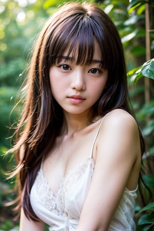 (((deep in the woods))),((looks at viewer)),(((Only the face enters the camera))), (Focus on the face),
人物：a korean girl,Pure and lovely korean girl,small breasts,
優化：(((Realistic and delicate high-resolution structure: 1.4, Realistic and delicate high-quality structure: 1.4))),Photo taken with Canon EOS 5D Mark4 and SIGMA Art Lens 35mm F1.4 DG HSM, F1.4, ISO 200 Shutter Speed 2000,(Masterpiece, high quality, meticulous and delicate),
頭髮：(bangs),((medium length hair)),
服飾：(((Spaghetti strap sleeveless low-cut sheer dress with lace pattern))),