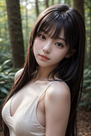 (((deep in the woods))),((looks at viewer)),(((Only the face enters the camera))), (Focus on the face),
人物：a korean girl,Pure and lovely korean girl,(low-cut),
優化：(((Realistic and delicate high-resolution structure: 1.4, Realistic and delicate high-quality structure: 1.4))),(well-proportioned and beautifully proportioned body structure),
頭髮：(((long hair))),(bangs),