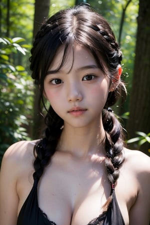 (((deep in the woods))),(looking at the audience),(close to the camera, close to the audience),face close-up,
人物：(a little girl:1.3),(Korean Idol Lim Yoona),
身體：childish breasts,(childish body),
優化：(((16K texture structure))),Exquisite oval face,Delicate and smooth skin,
頭髮：(bangs),((braid)),