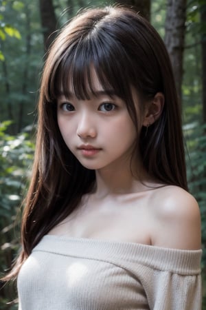 (((Deep in the woods))),
masterpiece, 8k, ((from front)), portrait, upper body, cute, detailed face, beautiful detailed eyes, girl, loli, happy, mad, red lips, bangs, very long hair, strong eyebrows, bare shoulders, (red off-shoulder shirt), (blush), (embarrassed)