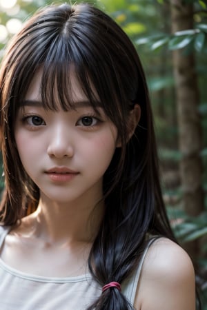 (((deep in the woods))),((looks at viewer)),(((Only the face enters the camera))), (Focus on the face),
人物：a korean girl,Pure and lovely korean girl,(low-cut),
優化：(((Realistic and delicate high-resolution structure: 1.4, Realistic and delicate high-quality structure: 1.4))),
頭髮：(((long hair))),(bangs),