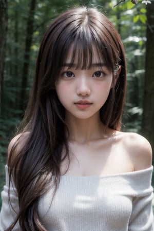 (((Deep in the woods))),
masterpiece, 8k, ((from front)), portrait, upper body, cute, detailed face, beautiful detailed eyes, girl, loli, happy, mad, red lips, bangs, very long hair, strong eyebrows, bare shoulders, (blush), (embarrassed),
服：(red off-shoulder shirt), 