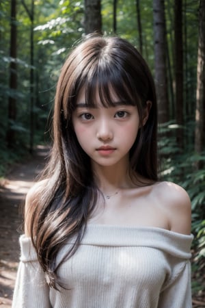 (((Deep in the woods))),
masterpiece, 8k, ((from front)), portrait, upper body, cute, detailed face, beautiful detailed eyes, girl, loli, happy, mad, red lips, bangs, very long hair, strong eyebrows, bare shoulders, (blush), (embarrassed),
服：(red off-shoulder shirt), 