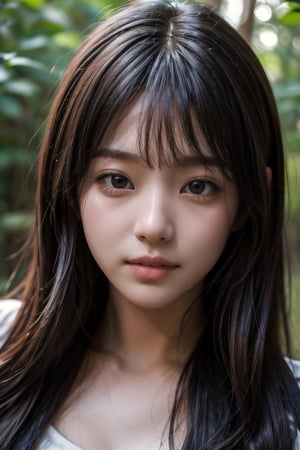 (((deep in the woods))),((looks at viewer)),(((Only the face enters the camera))), (Focus on the face),
人物：a korean girl,Pure and lovely korean girl,(low-cut),
優化：(((Realistic and delicate high-resolution structure: 1.4, Realistic and delicate high-quality structure: 1.4))),(well-proportioned and beautifully proportioned body structure),
頭髮：(((long hair))),(bangs),