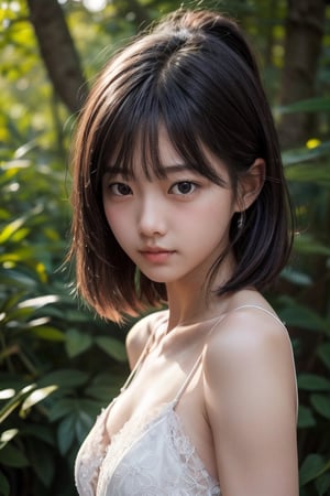 (((deep in the woods))),((looks at viewer)),(((Only the face enters the camera))), (Focus on the face),
人物：a korean girl,Pure and lovely korean girl,small breasts,
優化：(((Realistic and delicate high-resolution structure: 1.4, Realistic and delicate high-quality structure: 1.4))),Photo taken with Canon EOS 5D Mark4 and SIGMA Art Lens 35mm F1.4 DG HSM, F1.4, ISO 200 Shutter Speed 2000,(Masterpiece, high quality, meticulous and delicate),
頭髮：(bangs),((medium length hair)),
服飾：(((Spaghetti strap sleeveless low-cut sheer dress with lace pattern))),