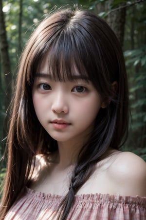 (((Deep in the woods))),
masterpiece, 8k, ((from front)), portrait, upper body, cute, detailed face, beautiful detailed eyes, girl, loli, happy, mad, red lips, bangs, very long hair, strong eyebrows, bare shoulders, (red off-shoulder shirt), (blush), (embarrassed)