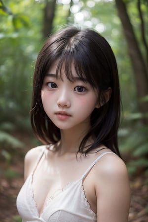 (((deep in the woods))),(looking at the audience),(focus on face),
人：(((a korean little girl:1.3))),(Korean actress Lim Yoona),Pure and restrained little girl,(((little girl of elementary school age))),(low cut),((childish breasts)),
優：(((16K texture structure))),
髮：(bangs),