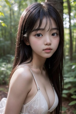 (((deep in the woods))),(looking at the audience),(focus on face),
人：(((a korean little girl:1.3))),(Korean actress Lim Yoona),Pure and restrained little girl,(((little girl of elementary school age))),(low cut),((childish breasts)),
優：(((16K texture structure))),
髮：(bangs),