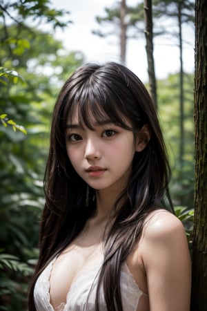 (((deep in the woods))),((looks at viewer)),(((Only the face enters the camera))), (Focus on the face),
人物：a korean girl,Pure and lovely korean girl,(low-cut),
優化：(((Realistic and delicate high-resolution structure: 1.4, Realistic and delicate high-quality structure: 1.4))),(well-proportioned and beautifully proportioned body structure),
頭髮：(((long hair))),(bangs),