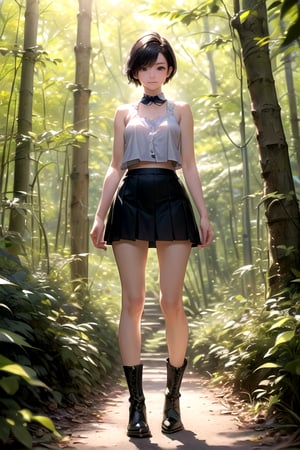 (((deep in the woods))),((looks at viewer)),(sexy stance),(focus on the face),(((full body into the camera))),
人物：a korean girl,Pure and lovely korean girl,
優化：(((Realistic and delicate high-resolution structure: 1.4, Realistic and delicate high-quality structure: 1.4))),(Well-proportioned and perfect body proportion structure),(((image structure of real human texture))),
特質：low cut,(perfectly proportioned body proportions),
頭髮：(((Super short handsome short hair for girls: 1.5))),(bangs),
Sleeveless spaghetti strap vest, red mini pleated skirt,black boots,