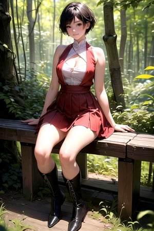 (((deep in the woods))),((looks at viewer)),(sexy sitting),(focus on the face),(((full body into the camera))),
人物：a korean girl,Pure and lovely korean girl,
優化：(((Realistic and delicate high-resolution structure: 1.4, Realistic and delicate high-quality structure: 1.4))),(Well-proportioned and perfect body proportion structure),(((image structure of real human texture))),
特質：low cut,(perfectly proportioned body proportions),
頭髮：(((Super short handsome short hair for girls: 1.5))),(bangs),
Sleeveless spaghetti strap vest, red mini pleated skirt,black boots,