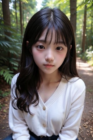 (((deep in the woods))),(looking at the audience),
(((Only the face enters the camera))),
人：1 korean young girl,Pure and restrained young girl,(((young girl of elementary school age))),A young girl of primary school age,(a very beautiful and innocent young girl),(10 years old),
優：High resolution, realistic and delicate high texture,Warm and delicate texture,Warm and delicate skin texture,
體：The body of a reasonable young girl,(child's body:1.3),
髮：(bangs),(long hair),(curls),