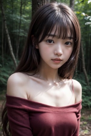 (((Deep in the woods))),
masterpiece, 8k, ((from front)), portrait, upper body, cute, detailed face, beautiful detailed eyes, girl, loli, happy, mad, red lips, bangs, very long hair, strong eyebrows, bare shoulders, (red off-shoulder shirt), (blush), (embarrassed)