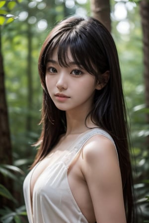 (((deep in the woods))),((looks at viewer)),(((Only the face enters the camera))), (Focus on the face),
人物：a korean girl,Pure and lovely korean girl,(low-cut),
優化：(((Realistic and delicate high-resolution structure: 1.4, Realistic and delicate high-quality structure: 1.4))),(well-proportioned and beautifully proportioned body structure),
頭髮：(((long hair))),(bangs),