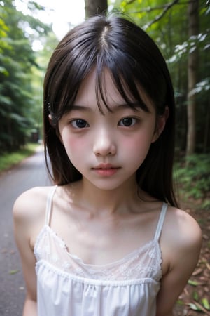 (((deep in the woods))),(looking at the audience),
(((Only the face enters the camera))),
人：1 korean young girl,Pure and restrained young girl,(((young girl of elementary school age))),A young girl of primary school age,(a very beautiful and innocent young girl),(10 years old),
優：High resolution, realistic and delicate high texture,Warm and delicate texture,Warm and delicate skin texture,
體：The body of a reasonable young girl,(child's body:1.3),
髮：(bangs),(long hair),(curls),