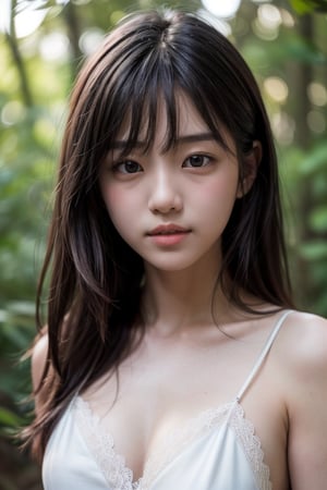 (((deep in the woods))),((looks at viewer)),(((Only the face enters the camera))), (Focus on the face),
人物：a korean girl,Pure and lovely korean girl,
優化：(((Realistic and delicate high-resolution structure: 1.4, Realistic and delicate high-quality structure: 1.4))),Photo taken with Canon EOS 5D Mark4 and SIGMA Art Lens 35mm F1.4 DG HSM, F1.4, ISO 200 Shutter Speed 2000,(Masterpiece, high quality, meticulous and delicate),
頭髮：(bangs),((medium length hair)),
服飾：(((Spaghetti strap sleeveless low-cut sheer dress with lace pattern))),