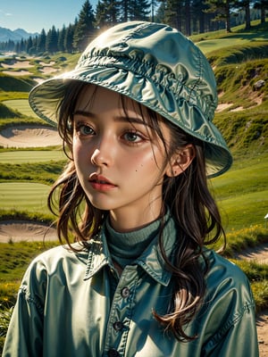 1 girl, playing golf, detailed face, golf hat,