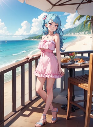 1 girl, beach restaurant, pastel colour, sora, funny face