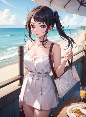 1 girl, beach restaurant, pastel colour, sora, funny face