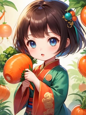 1young girl, curious expression, short hair, flowing hair, bangs, colorful detailed eyes,Chinese general, holding big carrot,chibi
