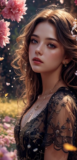 1girl,8k wallpaper,extremely detailed figure, amazing beauty, detailed characters,black dress princess,  light and shadow, cinematic light, depth of field, light spot, reflection,upper body, fantasy,,fantasy_world, particle of light, flower petal scatter, splash, floating, 