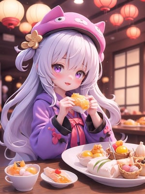 cute dim sum food pet, purple hat, yellow hanfu, white short,foodpets
