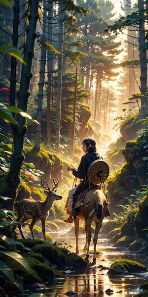 1 girl ride a deer playing flute, forest, sun light from leaves, particle of light, beautiful scenery, masterpiece, 