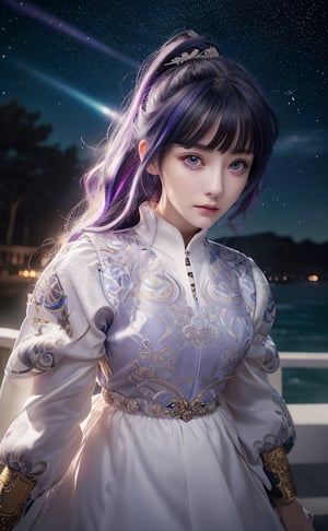 masterpiece, best quality, illustration, stars in the eyes,dishevelled hair,Starry sky adorns hair,1 girl,sparkling anime eyes,beautiful detailed eyes, beautiful detailed stars,blighting stars,emerging dark purple across with white hair,multicolored hair,beautiful detailed eyes,beautiful detailed sky, beautiful detailed water, cinematic lighting, dramatic angle,