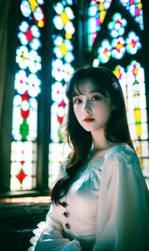 masterpiece, best quality, 1 girl, solo, milky white skin,  ,wrenchfaeflare, tint windows, gothic church,