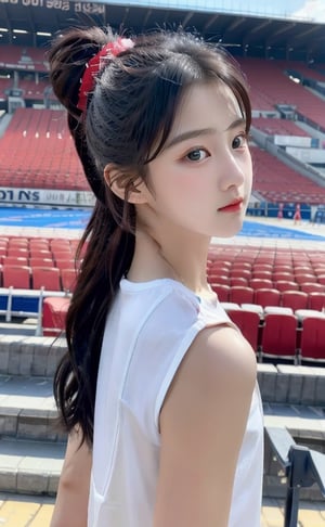 masterpiece, best quality, 1 girl, solo,preteen, pom pom, stadium, jogging, beautiful detailed eyes, black hair, Korean, ,sexy_cheerleader