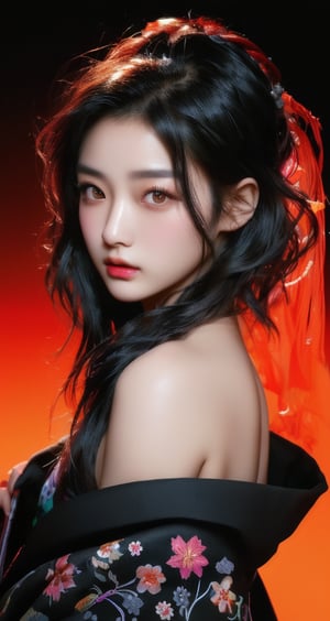 4k,best quality,masterpiece,20yo 1girl, kimono, open shoulder,
(Beautiful and detailed eyes),
Detailed face, detailed eyes, double eyelids ,thin face,  muscular fit body, semi visible abs, ((short hair with long locks:1.2)), black hair, black background,


real person, color splash style photo,
,Colors,1 girl 