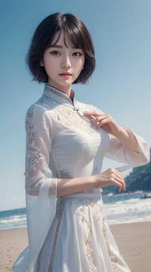 (((masterpiece))), (((best quality))), ((ultra-detailed)), (1 girl), (solo), casual summer clothes chinese, ((an extremely delicate and beautiful)),age 20, ((beautiful detailed sky)), beautiful detailed eyes, beach, black hair, short hair, chinese kungfu clothing