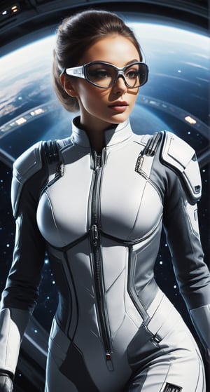 1 girl, detailed face, glasses cabin, hi tech, wear a high tech suit, hose, ufo, space ship, 