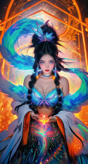 A vibrant anime-inspired scene unfolds: a teenage girl with long black hair styled in intricate braids sits amidst elemental elements - swirling clouds of misty gray and wispy tendrils of fiery orange. Her bright light blue eyes sparkle like stars as she gazes intently at the delicate butterfly perched on her outstretched hand, its iridescent wings shimmering in harmony with her own fiery aura. The ringmaster's top hat and colorful costume lie discarded nearby, a testament to the whimsical energy of this mystical realm.,midjourney,1 girl ,1girl
