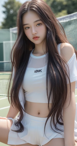 (8k,  best quality,  masterpiece,  ultra high res,  highly detail face:1.3),  portrait,  (18 years old girl:1.3),  beautiful,  kawaii,  (very wide shot :1.2),  (long hair :1.3),  dark hair,  ((bob)),  clothes,   sweat ,  (morning:1.3), tennis-court, white tennis wear,  from below:1.3