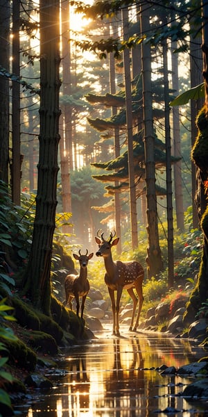 deer family, forest, sun light from leaves, particle of light, 