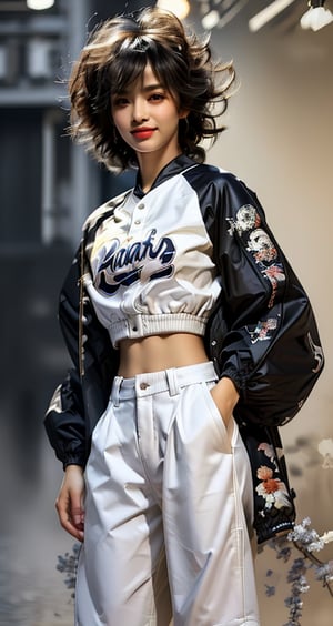 4k,best quality,masterpiece,1girl,(cropped jacket),(demin pant), smile,baseball cap,

(Beautiful and detailed eyes),
Detailed face, detailed eyes, double eyelids ,thin face, real hands,
((short hair with long locks:1.2)),brown-hair, white background,


real person, color splash style photo,
,cool
