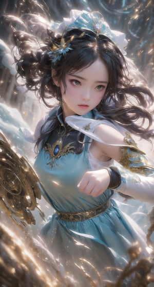 (Masterpiece,Best Quality), 1 girl in a maid dress , striking a battle pose , Fantasy, magical vibes, sci-fi mood, sharp focus,1 girl,Extremely Realistic,fantasy_world, ,Beautiful,Detail,perfect
