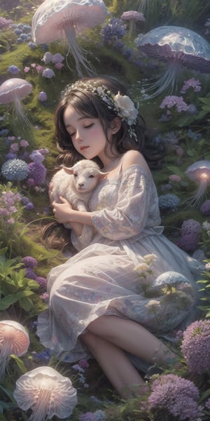 1 girl, sleep in flower field, holding cute white lamb ,detailed lamb , detailed face, ,fantasy_world,jellyfishforest