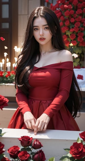  beautiful red roses and an explosion of red rose petals, creating a stunning scene that captures the essence of the celebration. a beautiful cute young attractive aussie teenage girl, village girl, 18 years old, cute, Instagram model, long brunette hair, big eyes,